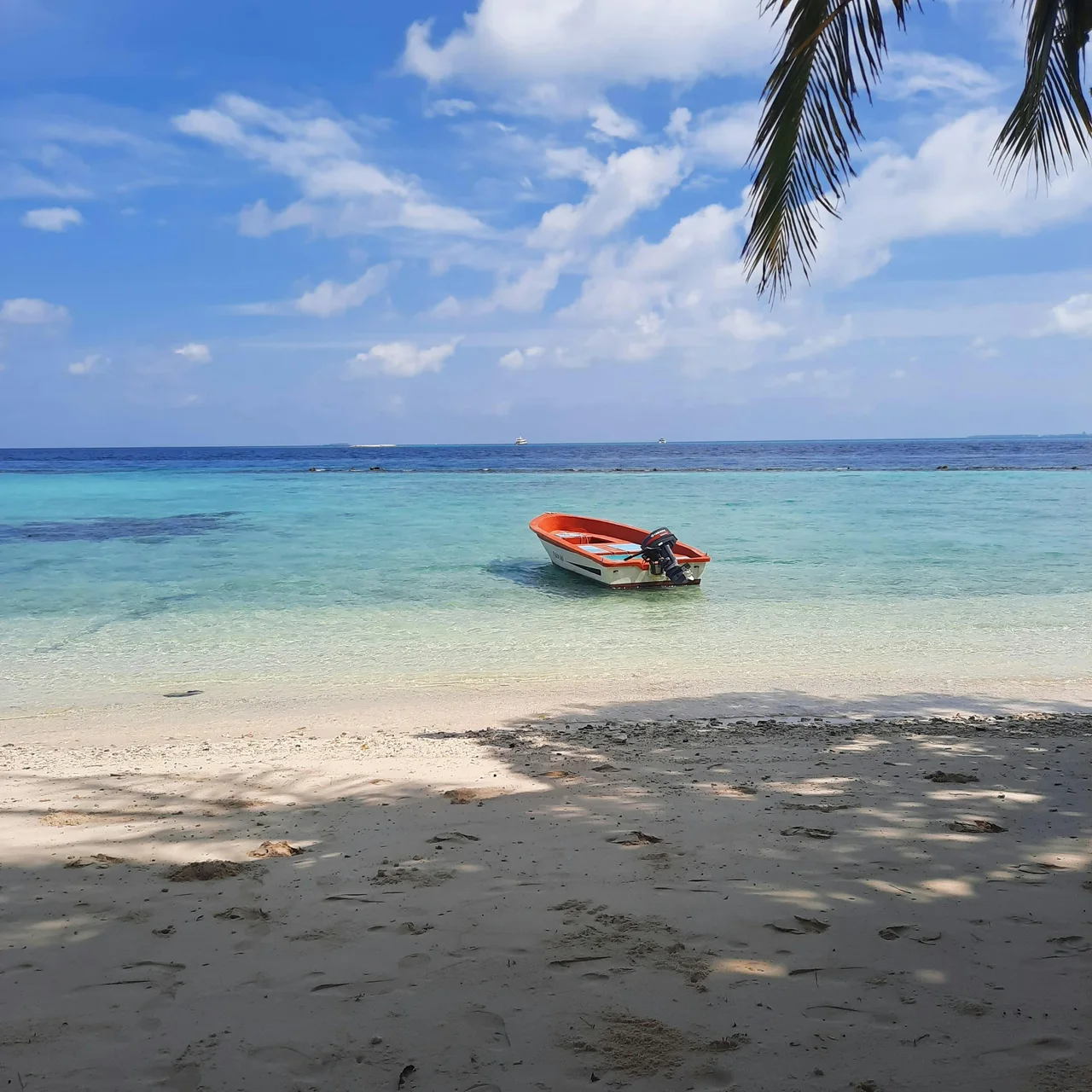 A small local boat resting beside the turquoise water at Thulusdhoo