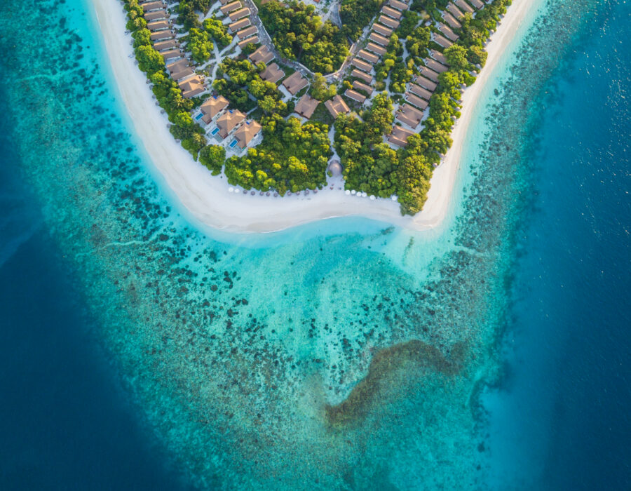 Aerial view of Reethi Faru Resort in Raa Atoll, Maldives